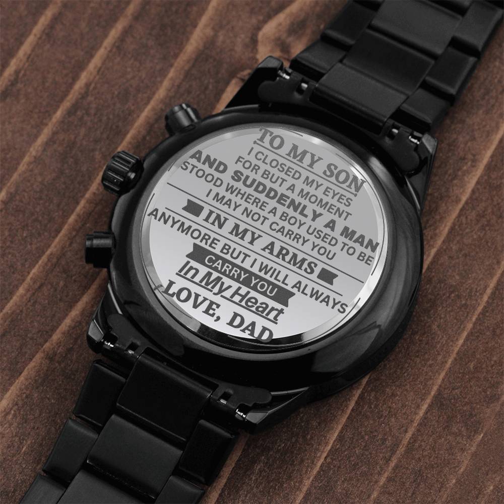 Son In My Heart, Engraved Black Stainless Steel Chronograph Watch, Gift Idea for Son from Dad