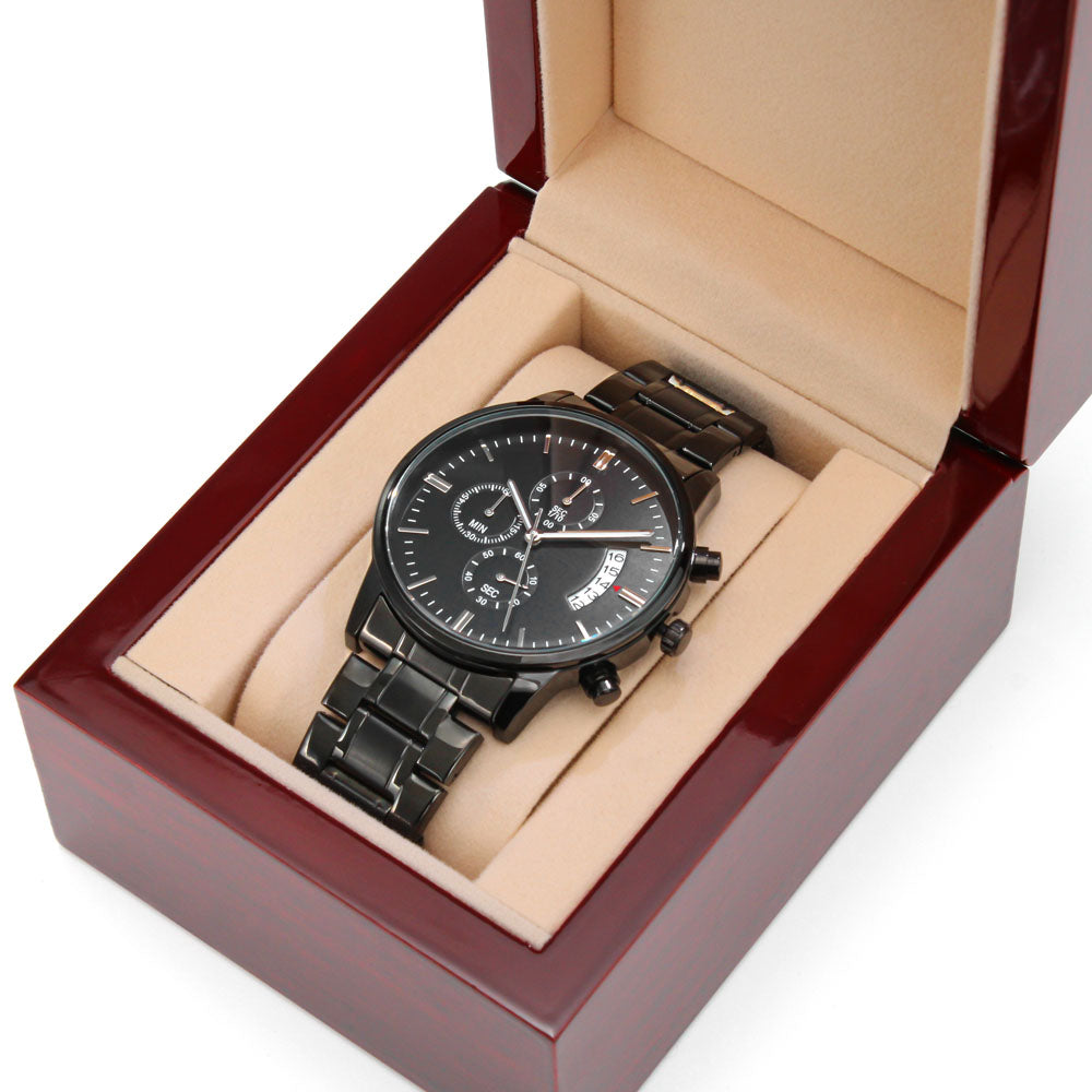 Son In My Heart, Engraved Black Stainless Steel Chronograph Watch, Gift Idea for Son from Dad